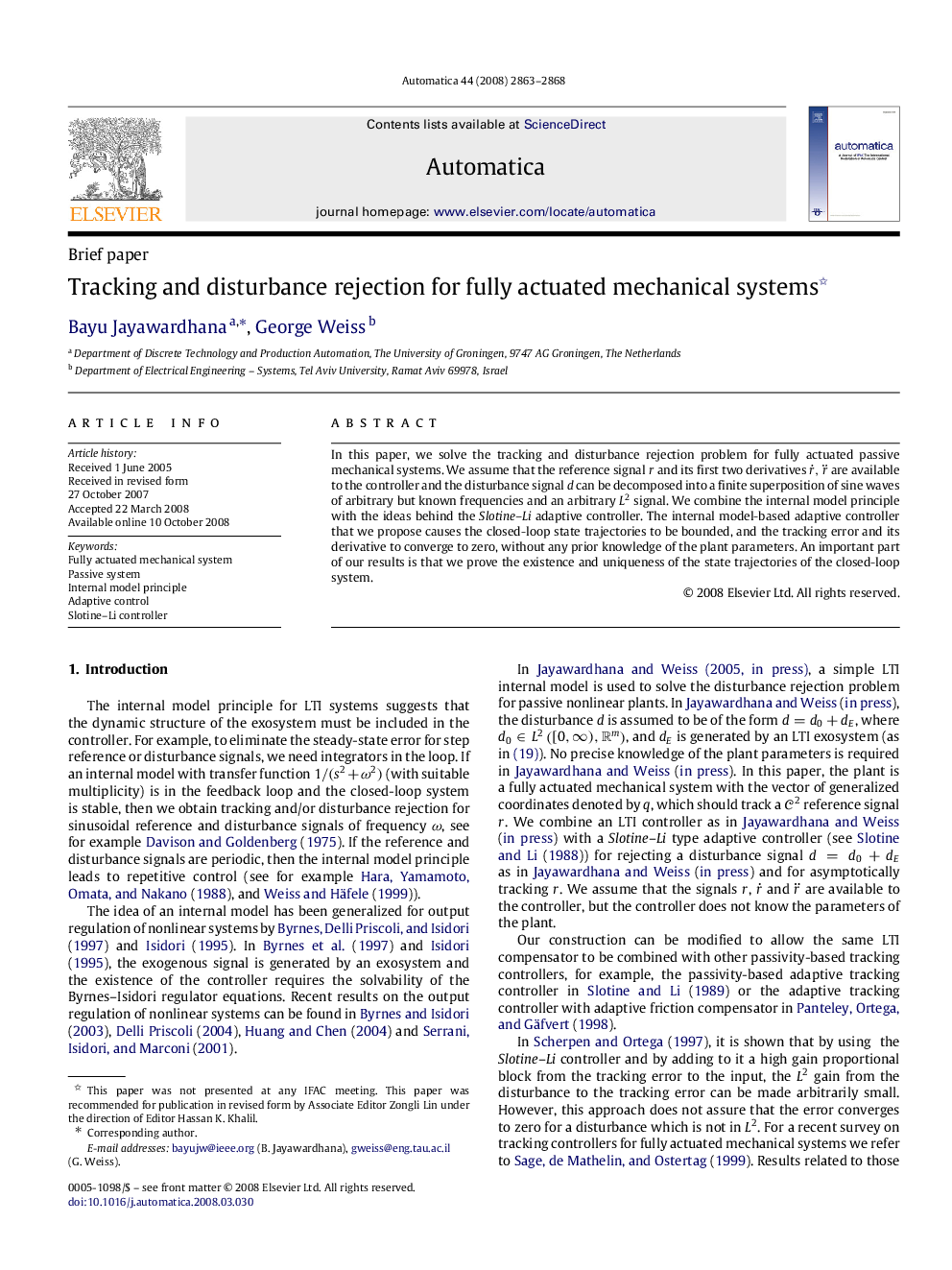 Tracking and disturbance rejection for fully actuated mechanical systems 