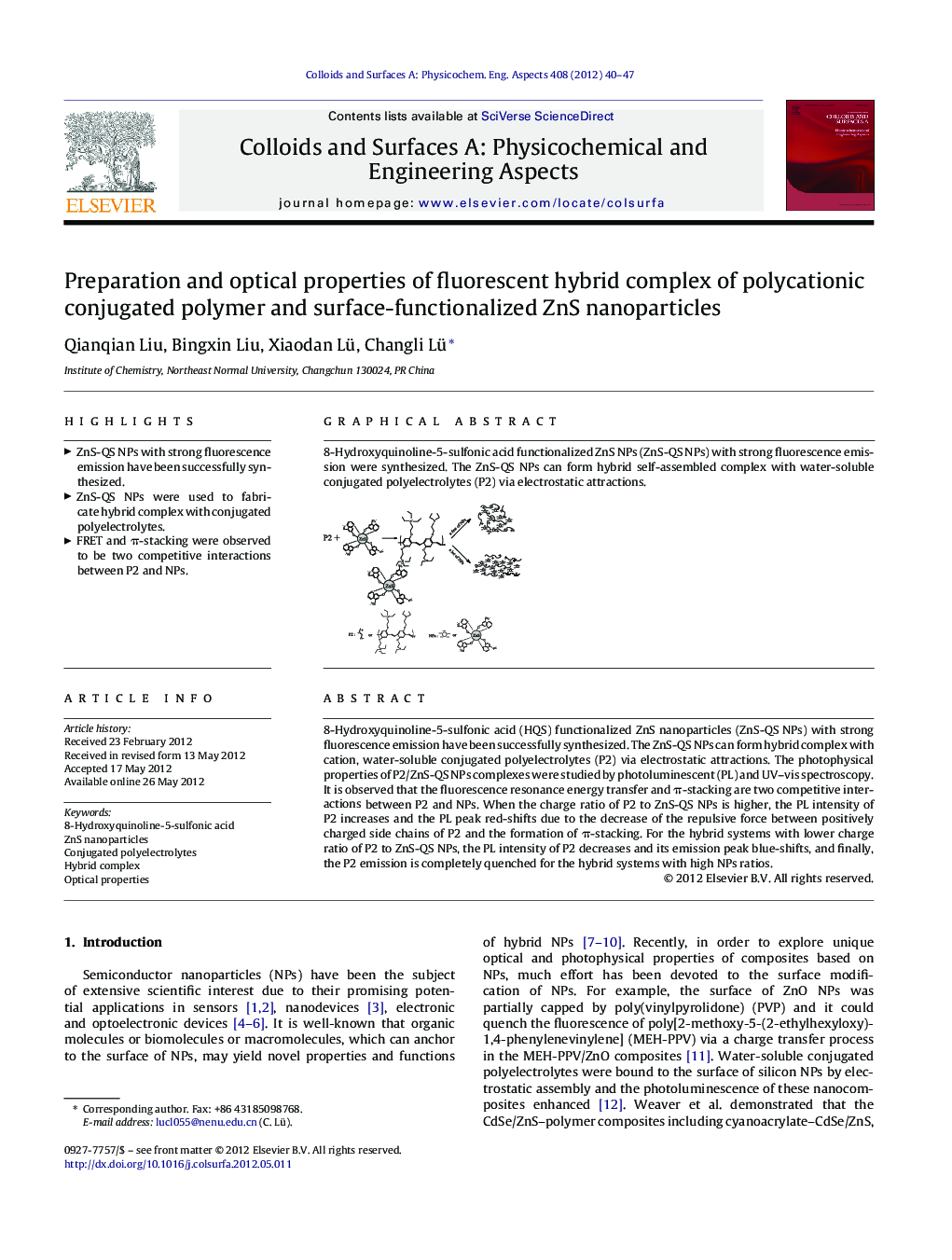 Preparation and optical properties of fluorescent hybrid complex of polycationic conjugated polymer and surface-functionalized ZnS nanoparticles