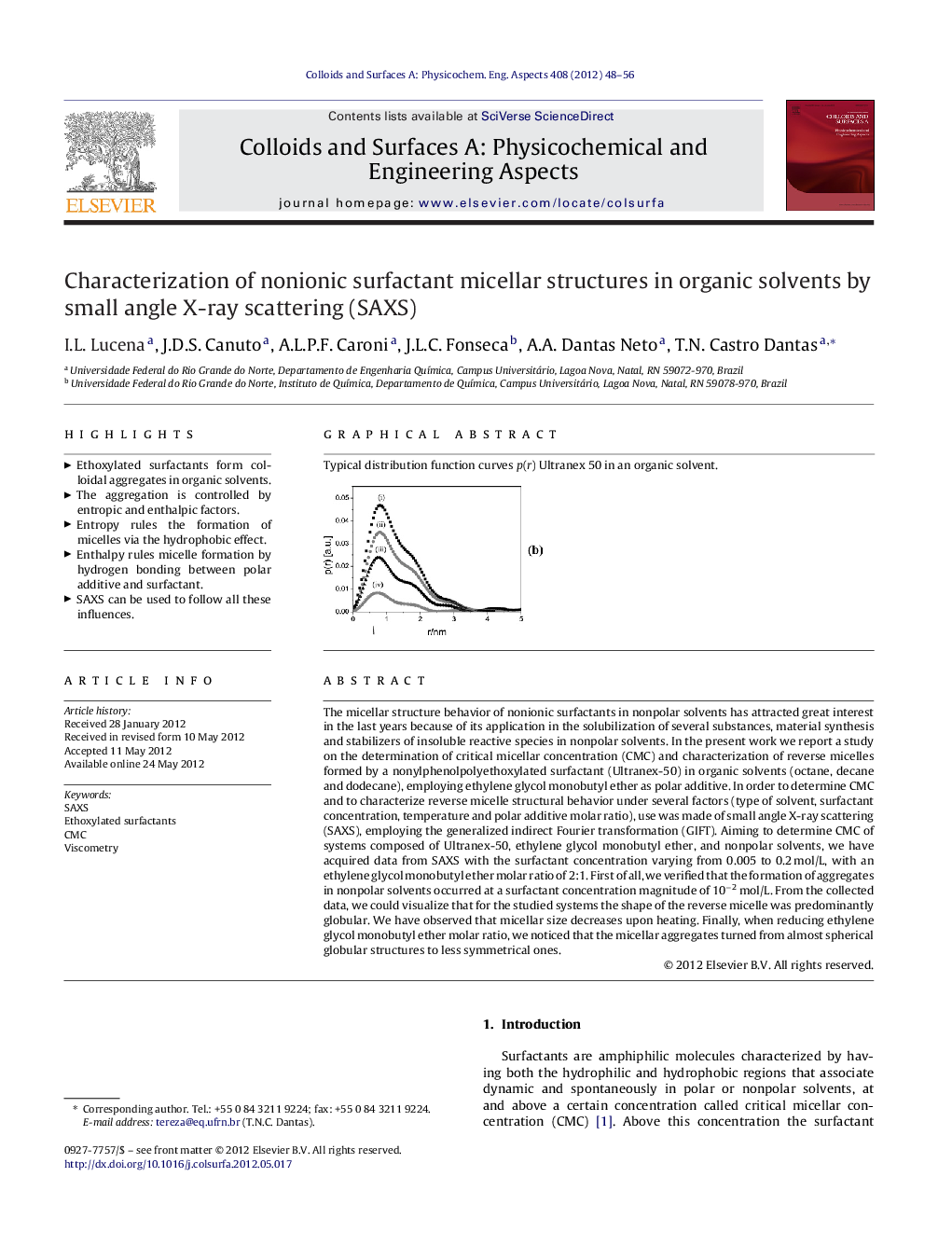 عکس صفحه اول مقاله: Characterization of nonionic surfactant micellar structures in organic solvents by small angle X-ray scattering (SAXS) Characterization of nonionic surfactant micellar structures in organic solvents by small angle X-ray scattering (SAXS)