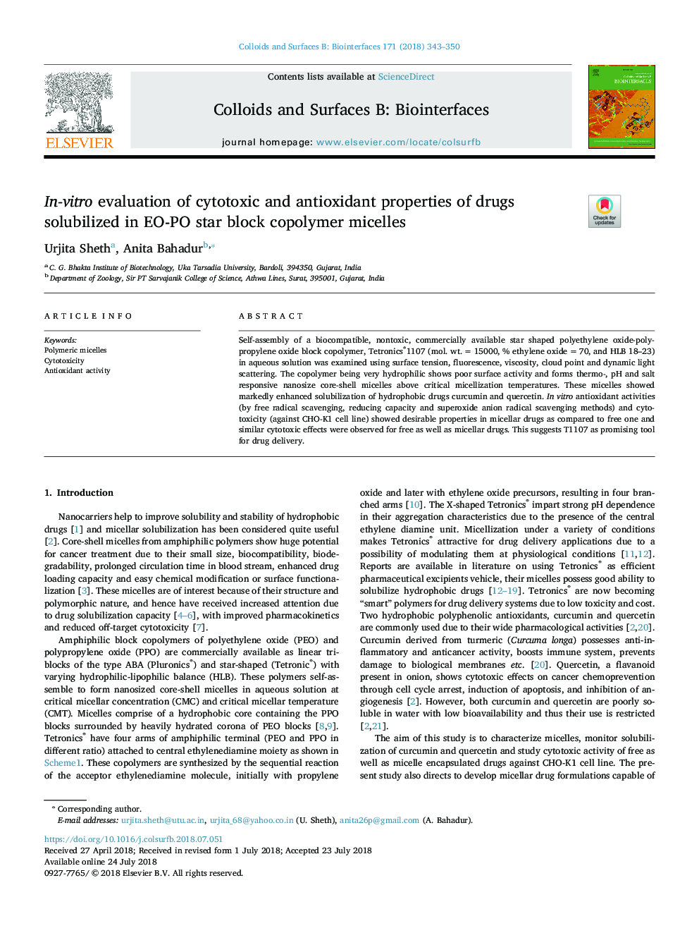 In-vitro evaluation of cytotoxic and antioxidant properties of drugs solubilized in EO-PO star block copolymer micelles