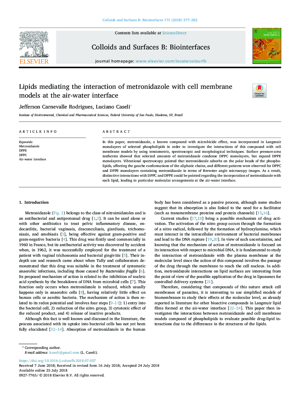 Lipids mediating the interaction of metronidazole with cell membrane models at the air-water interface