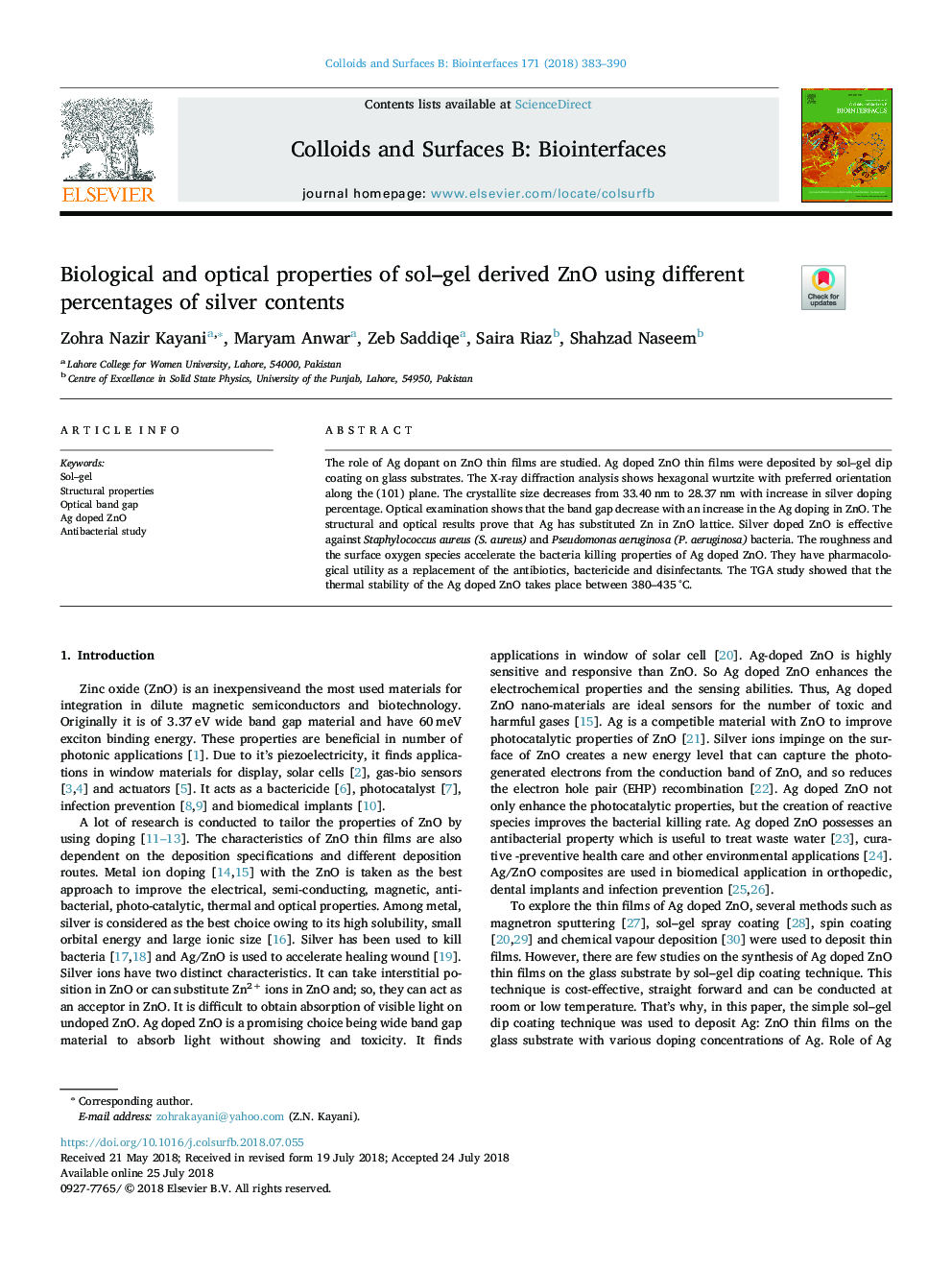 Biological and optical properties of sol-gel derived ZnO using different percentages of silver contents