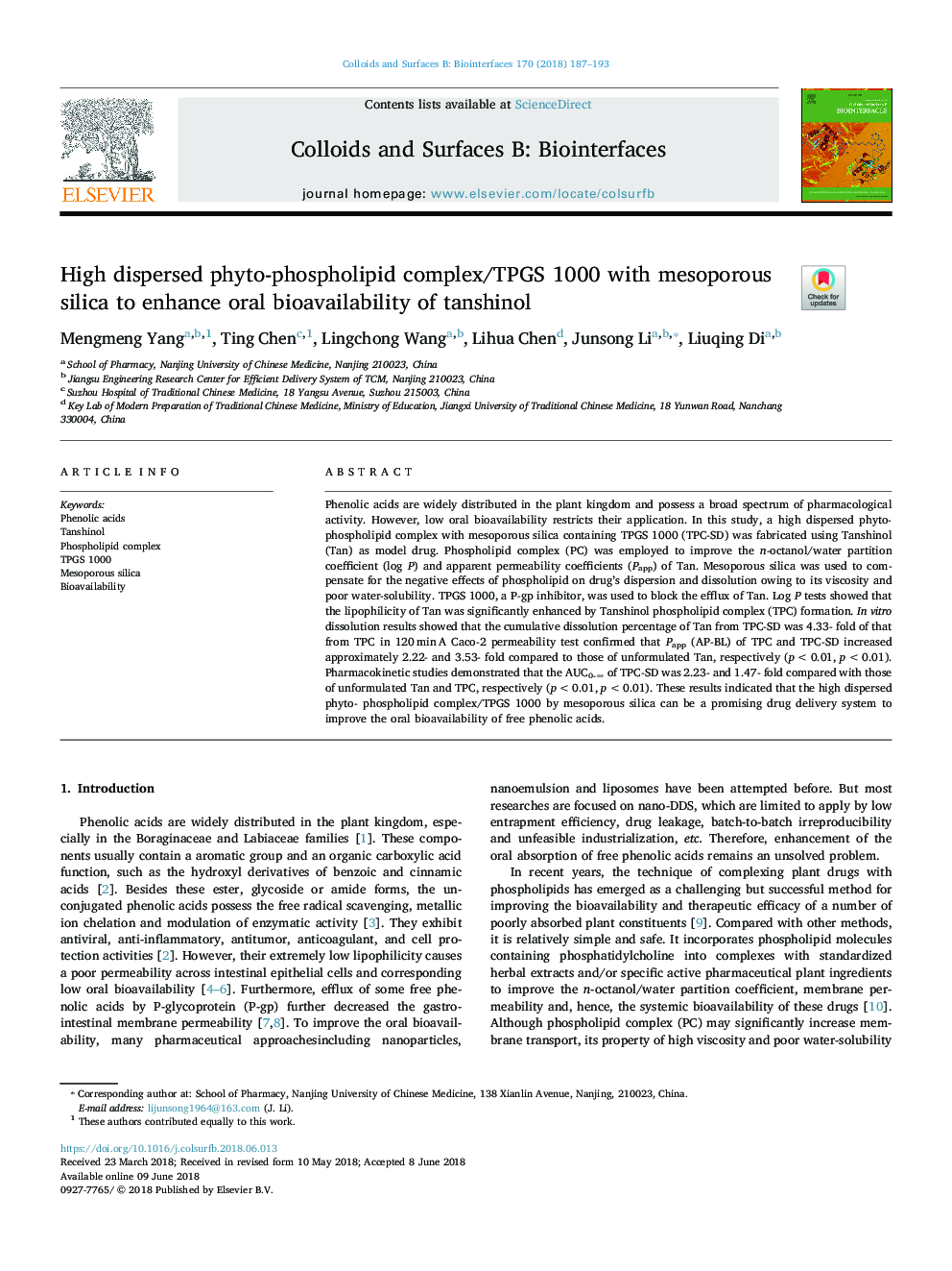 High dispersed phyto-phospholipid complex/TPGS 1000 with mesoporous silica to enhance oral bioavailability of tanshinol