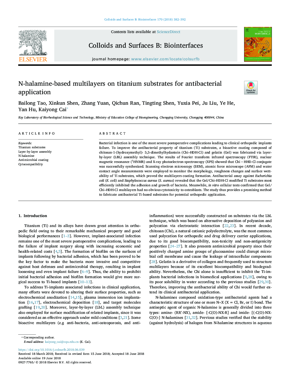 N-halamine-based multilayers on titanium substrates for antibacterial application