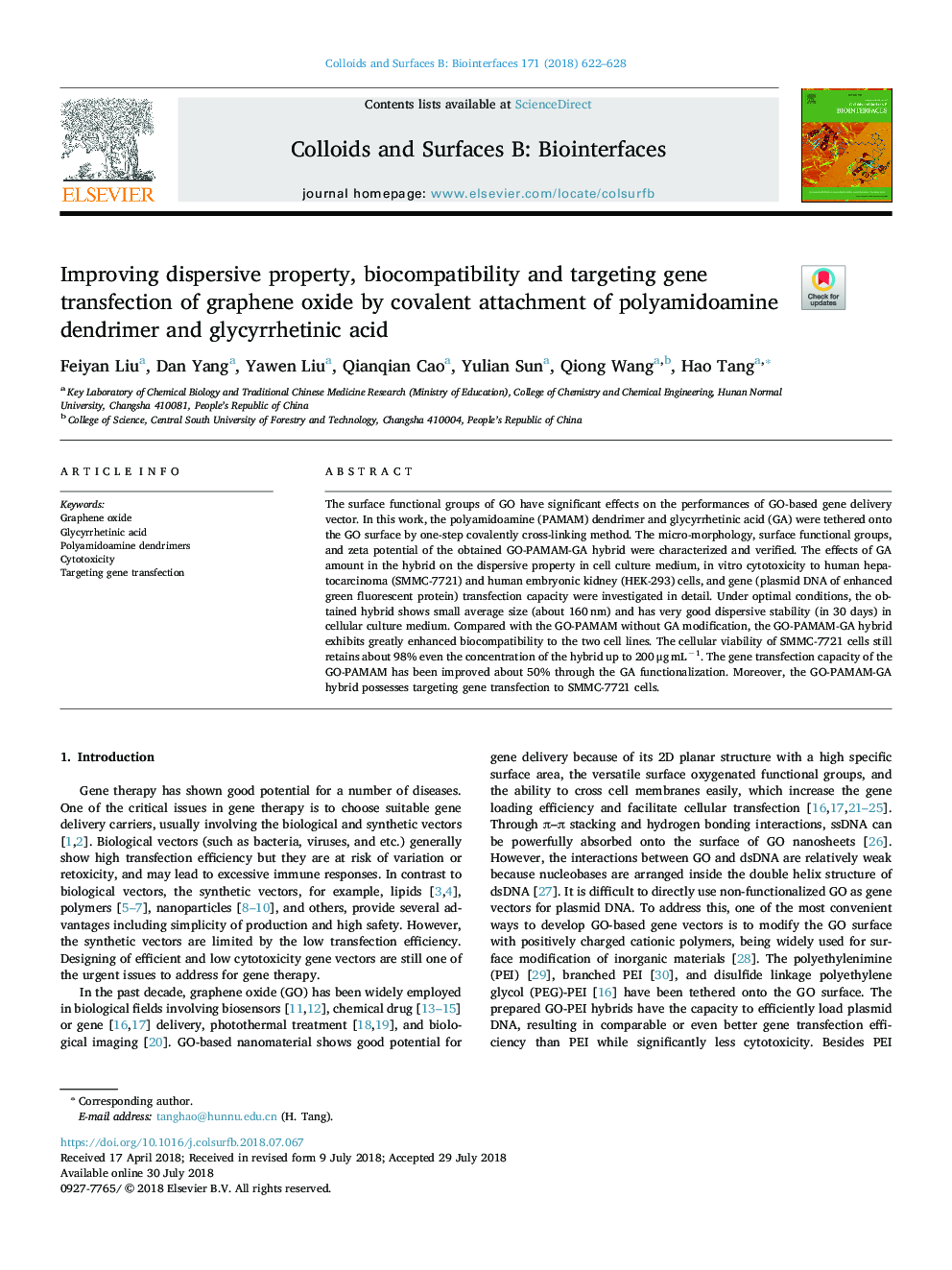 Improving dispersive property, biocompatibility and targeting gene transfection of graphene oxide by covalent attachment of polyamidoamine dendrimer and glycyrrhetinic acid