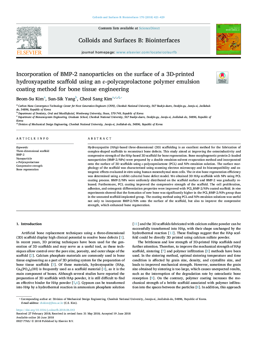 Incorporation of BMP-2 nanoparticles on the surface of a 3D-printed hydroxyapatite scaffold using an Îµ-polycaprolactone polymer emulsion coating method for bone tissue engineering