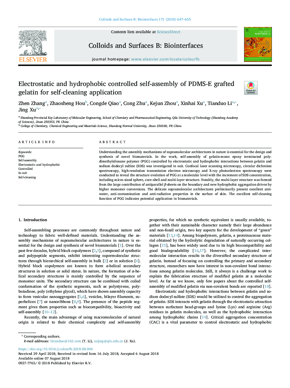 عکس صفحه اول مقاله: Electrostatic and hydrophobic controlled self-assembly of PDMS-E grafted gelatin for self-cleaning application Electrostatic and hydrophobic controlled self-assembly of PDMS-E grafted gelatin for self-cleaning application