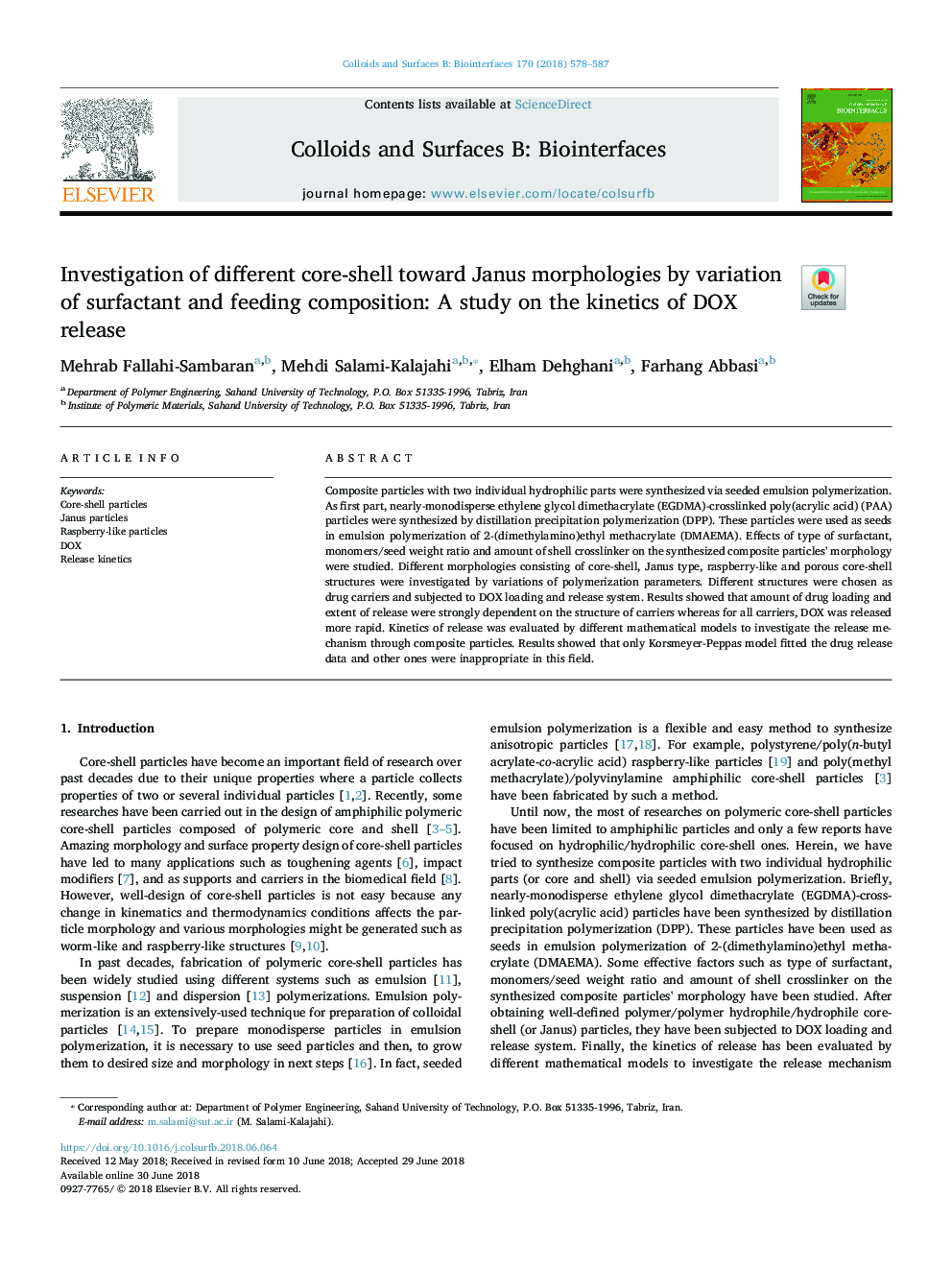 Investigation of different core-shell toward Janus morphologies by variation of surfactant and feeding composition: A study on the kinetics of DOX release