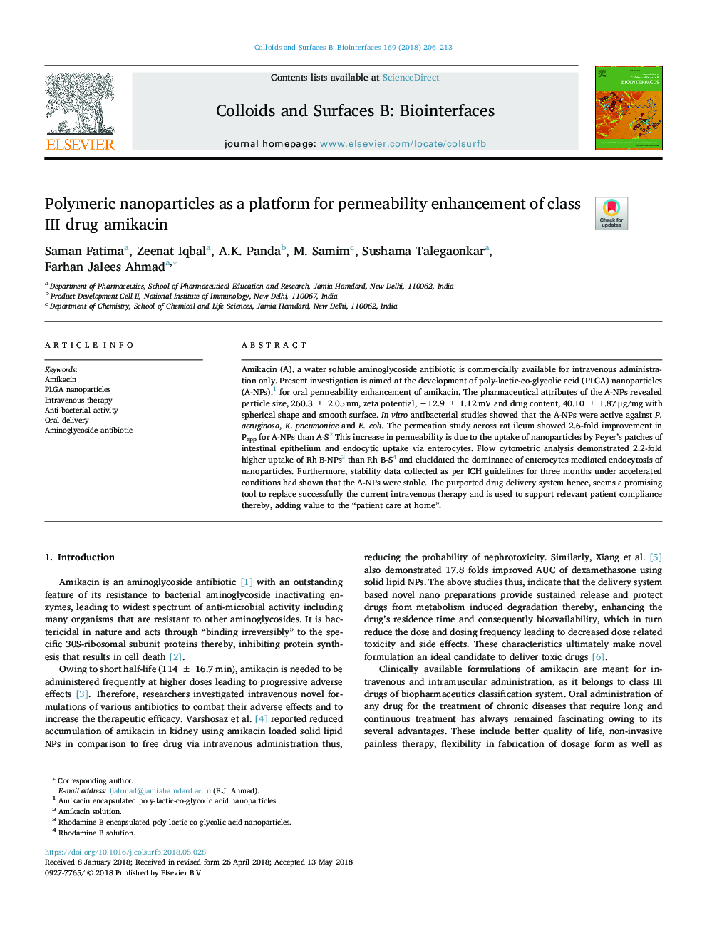 Polymeric nanoparticles as a platform for permeability enhancement of class III drug amikacin