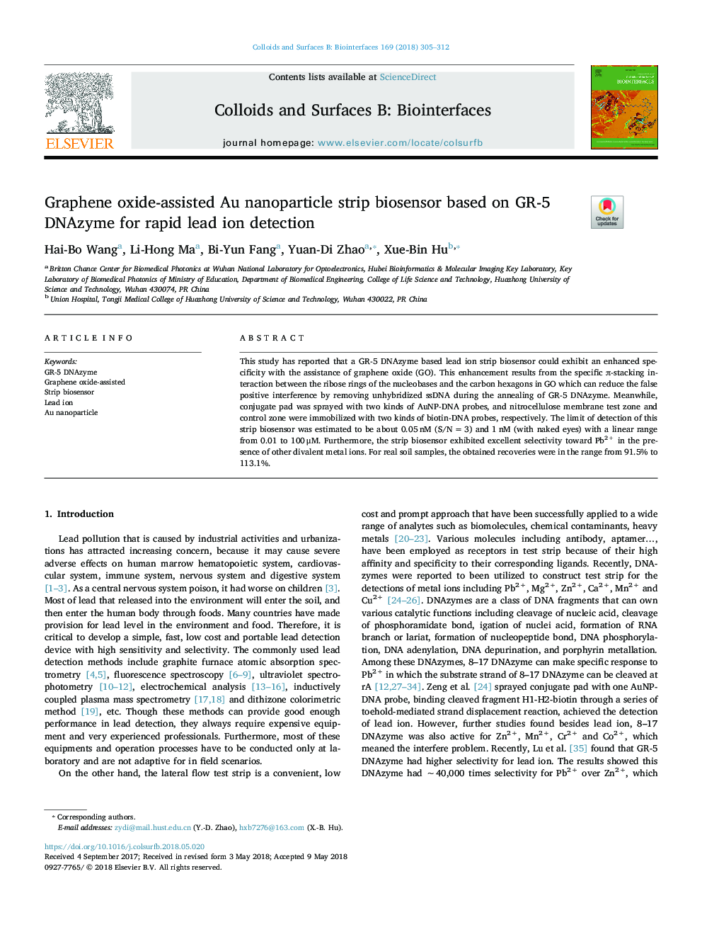 Graphene oxide-assisted Au nanoparticle strip biosensor based on GR-5 DNAzyme for rapid lead ion detection