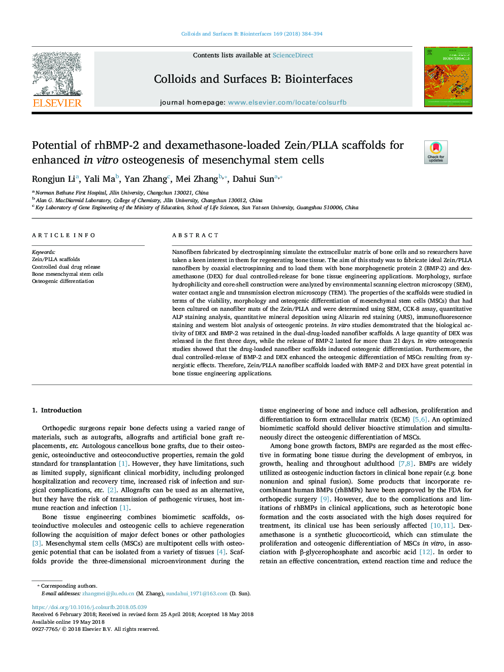 Potential of rhBMP-2 and dexamethasone-loaded Zein/PLLA scaffolds for enhanced in vitro osteogenesis of mesenchymal stem cells