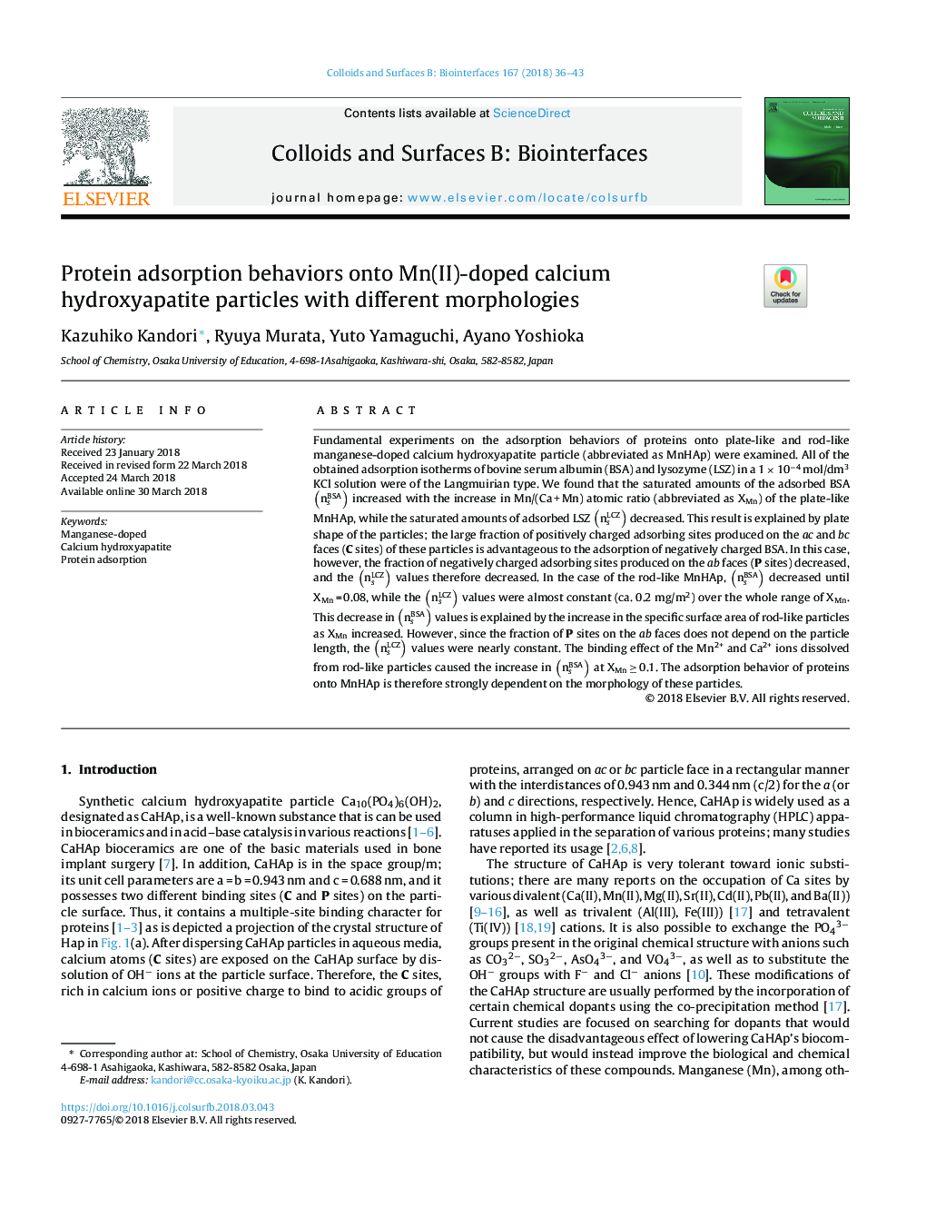 Protein adsorption behaviors onto Mn(II)-doped calcium hydroxyapatite particles with different morphologies