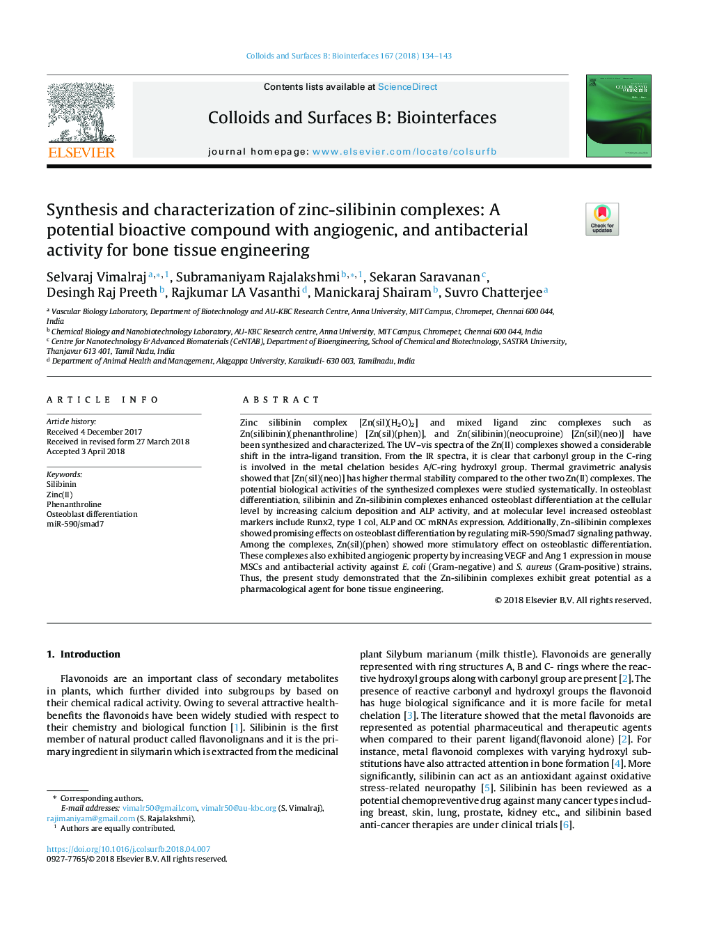 Synthesis and characterization of zinc-silibinin complexes: A potential bioactive compound with angiogenic, and antibacterial activity for bone tissue engineering