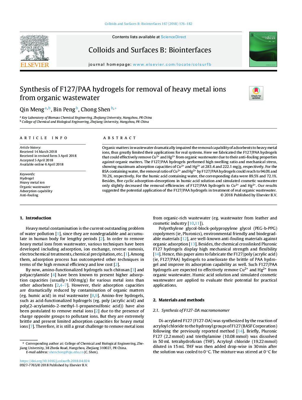 Synthesis of F127/PAA hydrogels for removal of heavy metal ions from organic wastewater