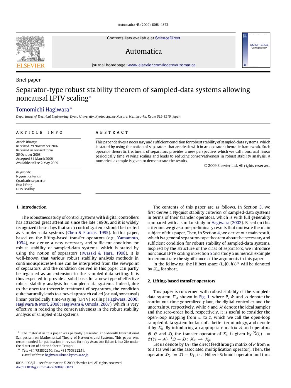 Separator-type robust stability theorem of sampled-data systems allowing noncausal LPTV scaling 