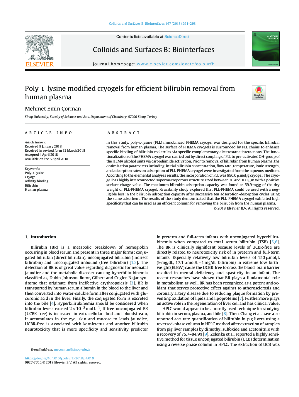 Poly-l-lysine modified cryogels for efficient bilirubin removal from human plasma