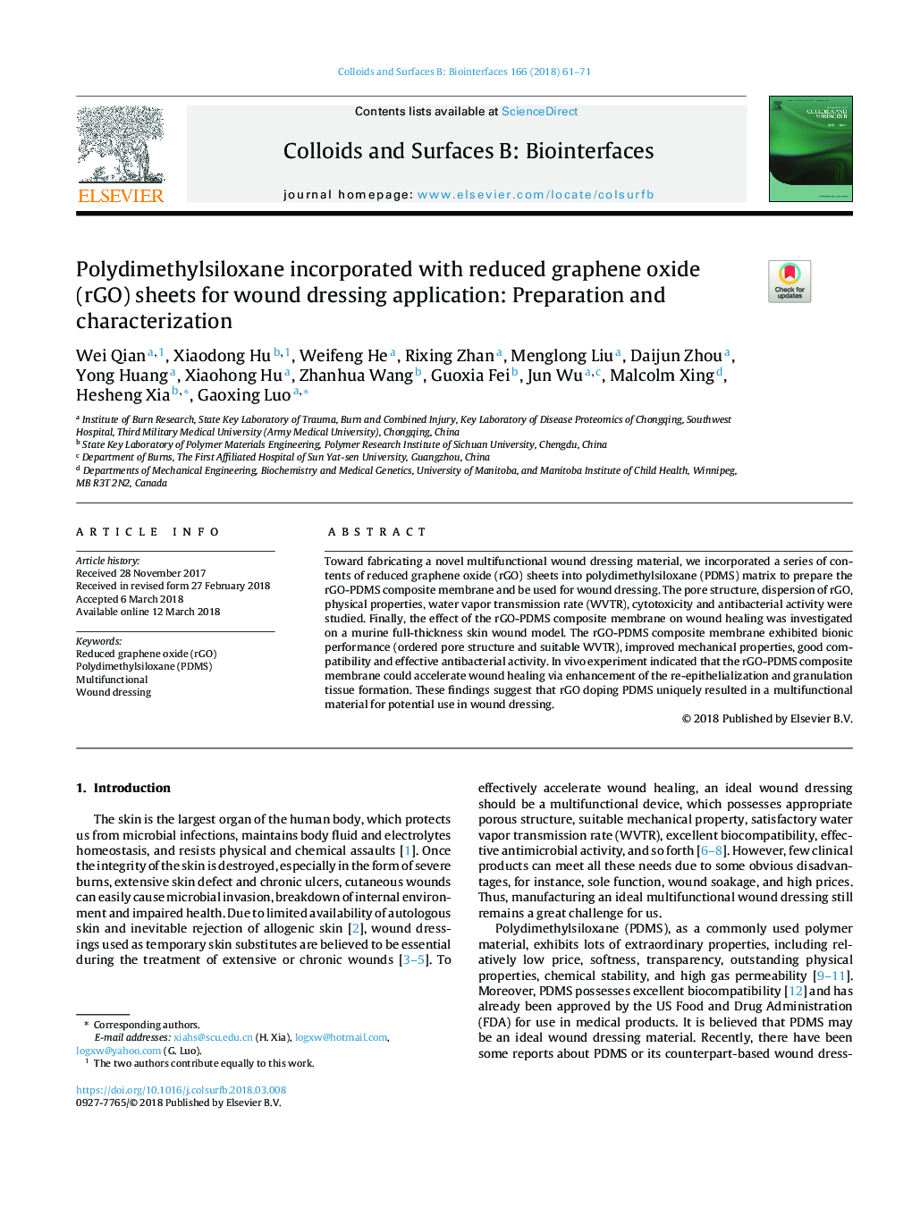 Polydimethylsiloxane incorporated with reduced graphene oxide (rGO) sheets for wound dressing application: Preparation and characterization