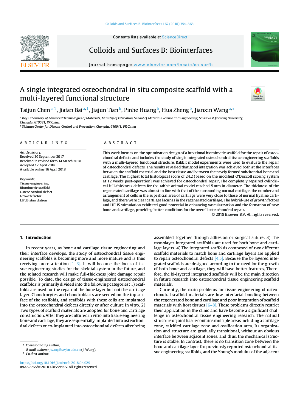 A single integrated osteochondral in situ composite scaffold with a multi-layered functional structure