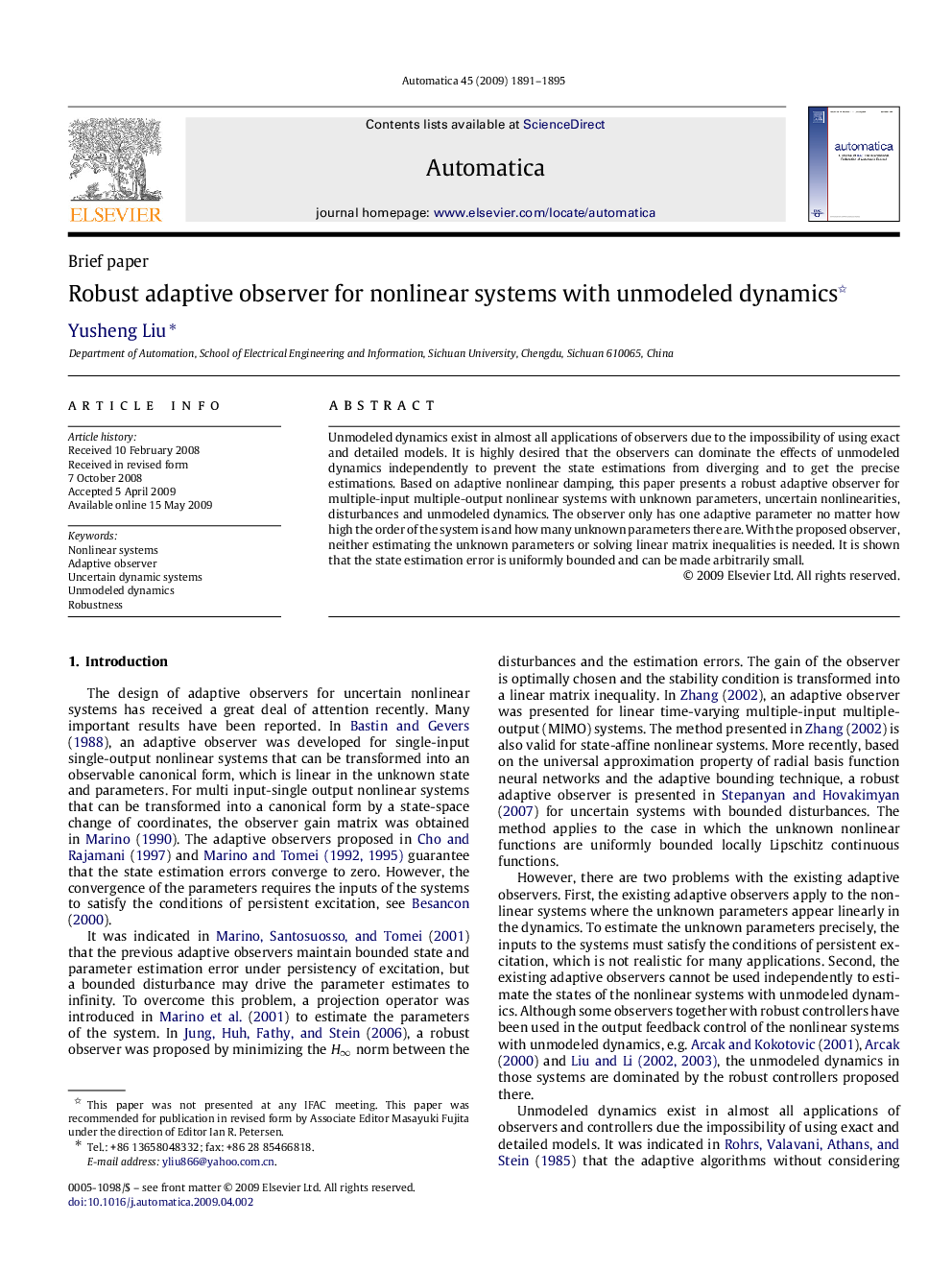 Robust adaptive observer for nonlinear systems with unmodeled dynamics 