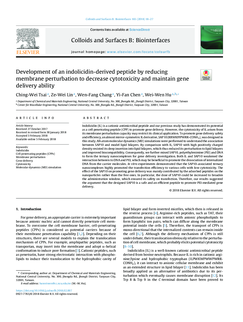 Development of an indolicidin-derived peptide by reducing membrane perturbation to decrease cytotoxicity and maintain gene delivery ability