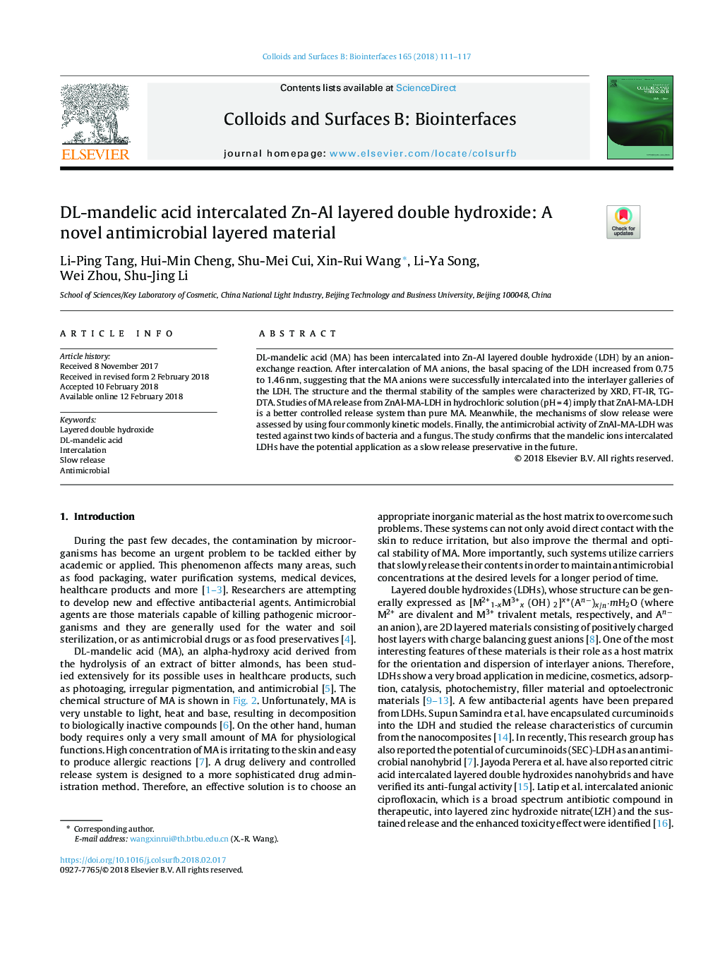 DL-mandelic acid intercalated Zn-Al layered double hydroxide: A novel antimicrobial layered material