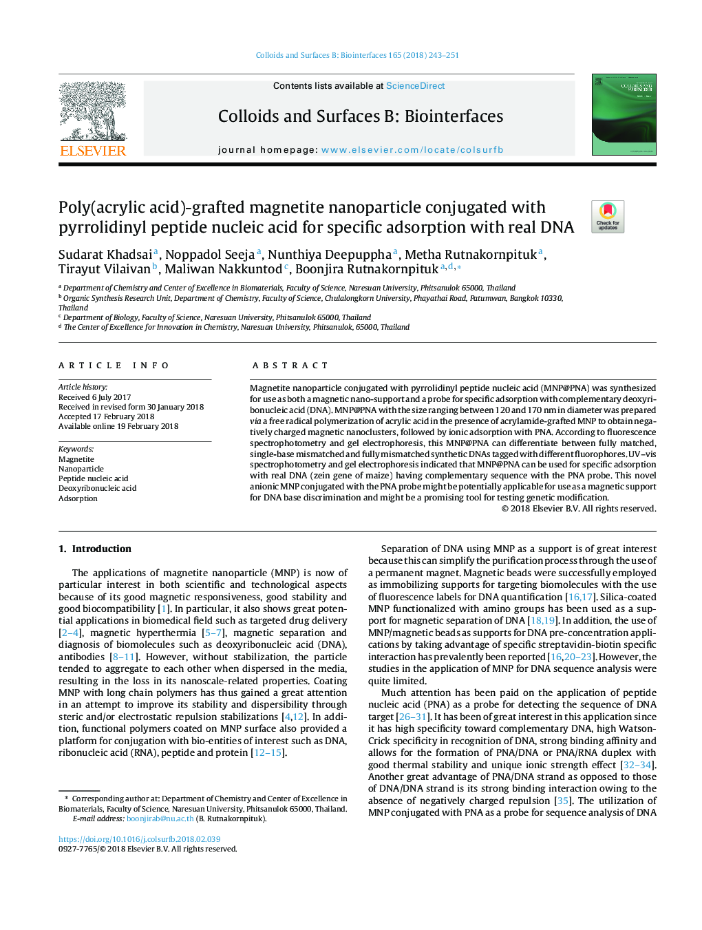 Poly(acrylic acid)-grafted magnetite nanoparticle conjugated with pyrrolidinyl peptide nucleic acid for specific adsorption with real DNA