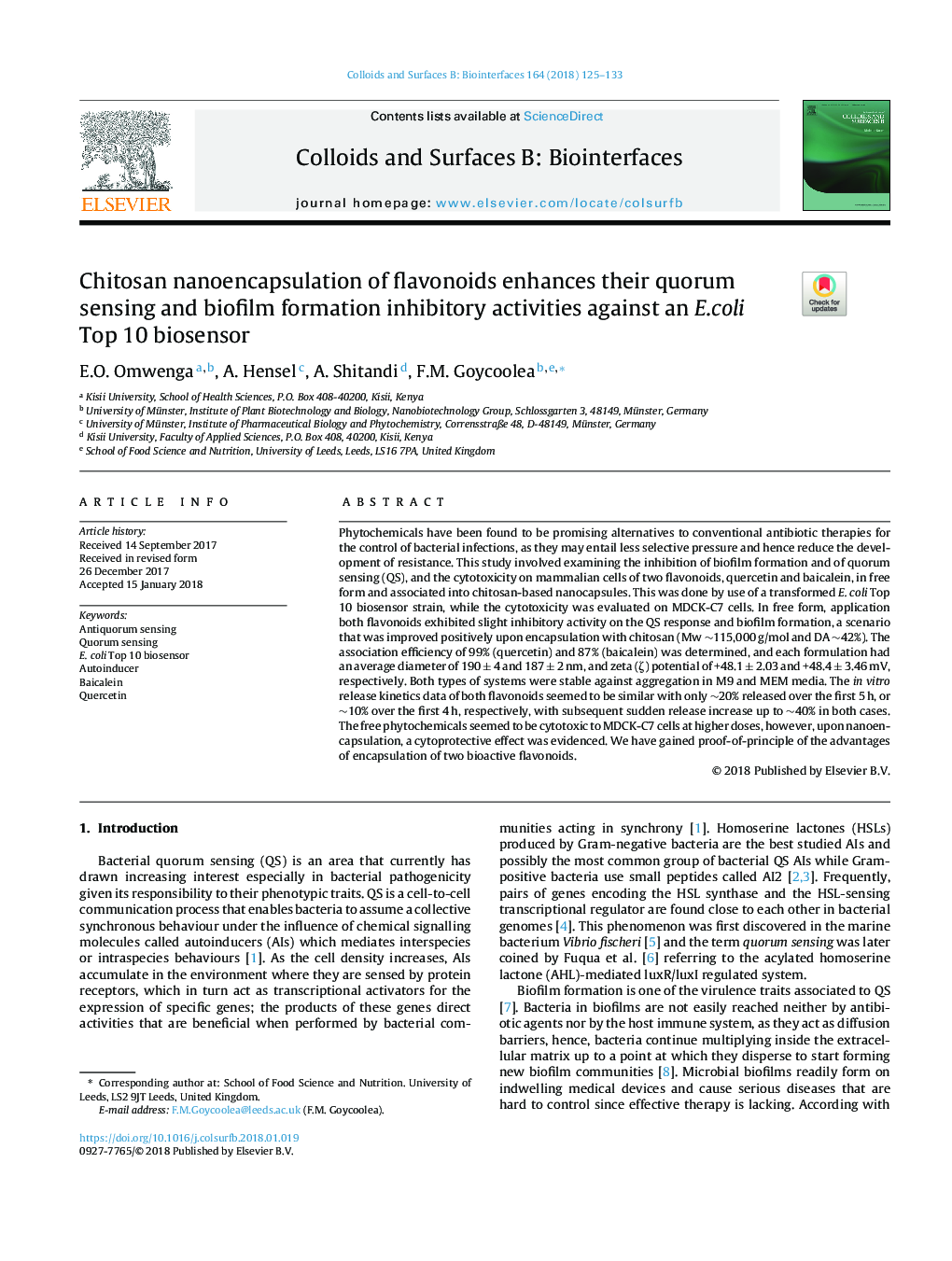 Chitosan nanoencapsulation of flavonoids enhances their quorum sensing and biofilm formation inhibitory activities against an E.coli Top 10 biosensor