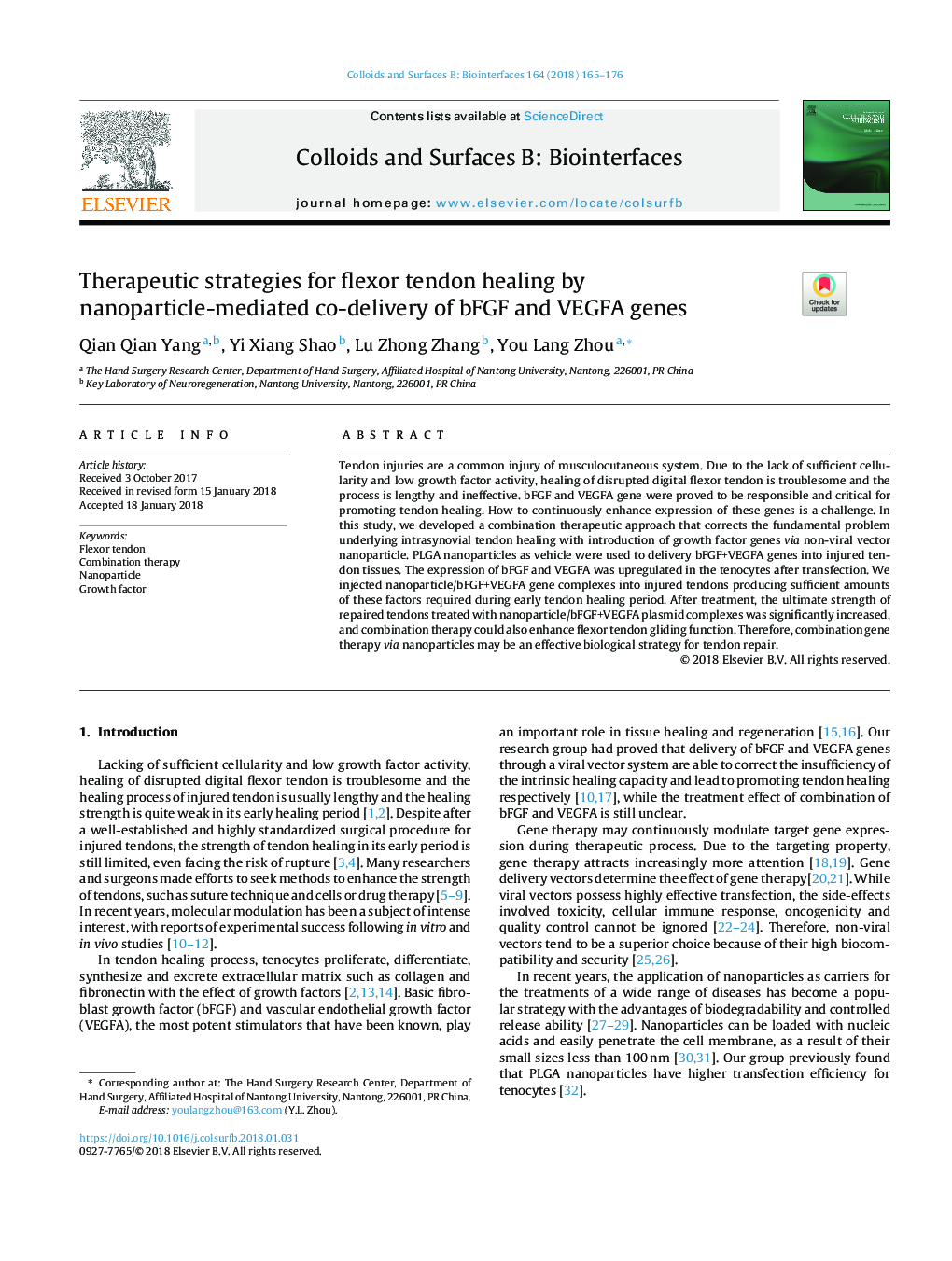 Therapeutic strategies for flexor tendon healing by nanoparticle-mediated co-delivery of bFGF and VEGFA genes