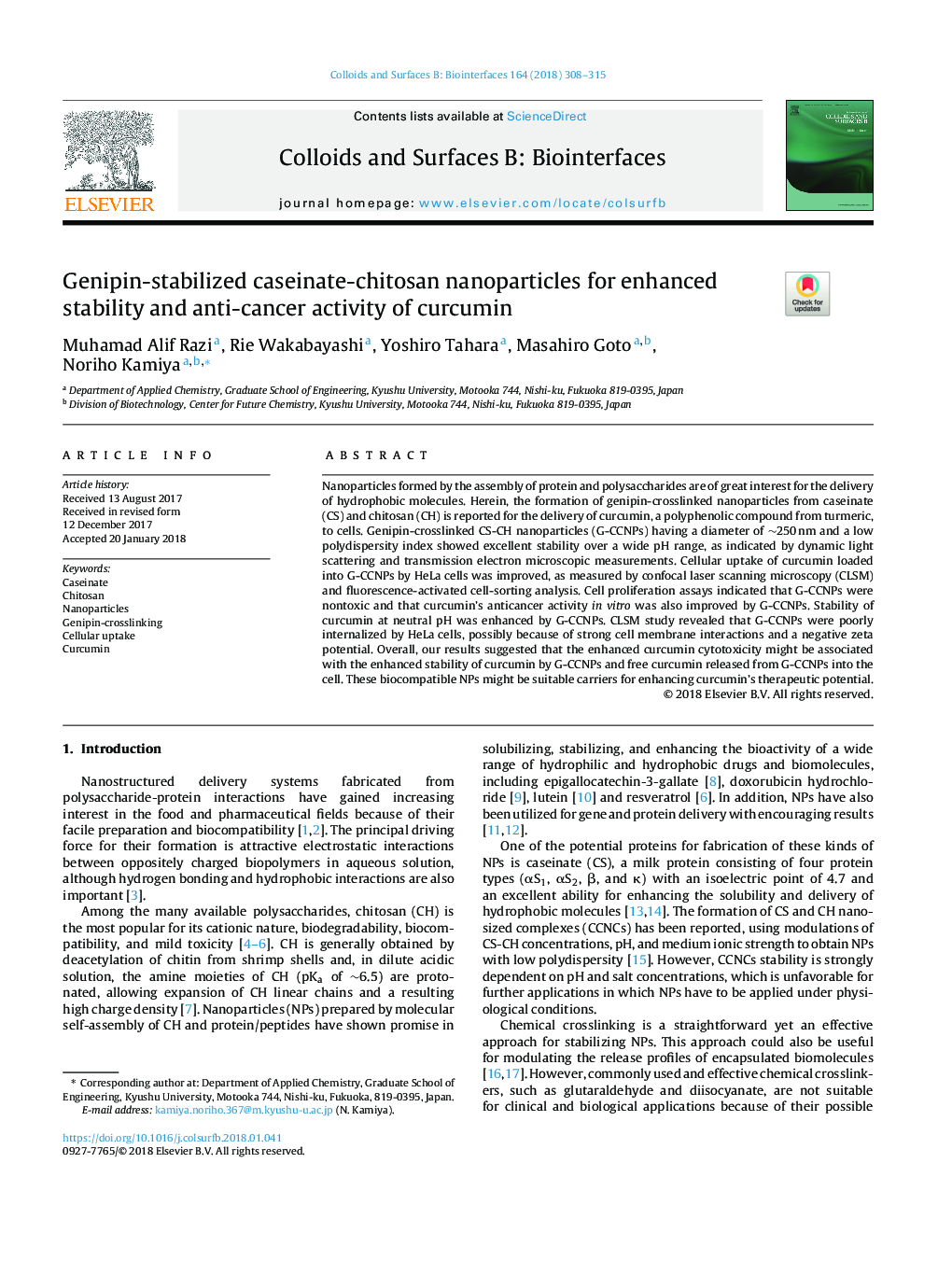 Genipin-stabilized caseinate-chitosan nanoparticles for enhanced stability and anti-cancer activity of curcumin