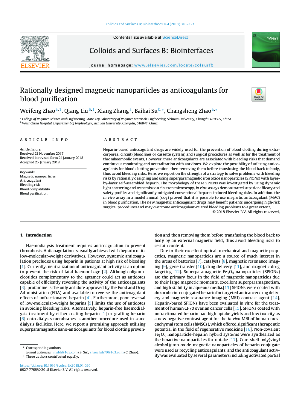 Rationally designed magnetic nanoparticles as anticoagulants for blood purification