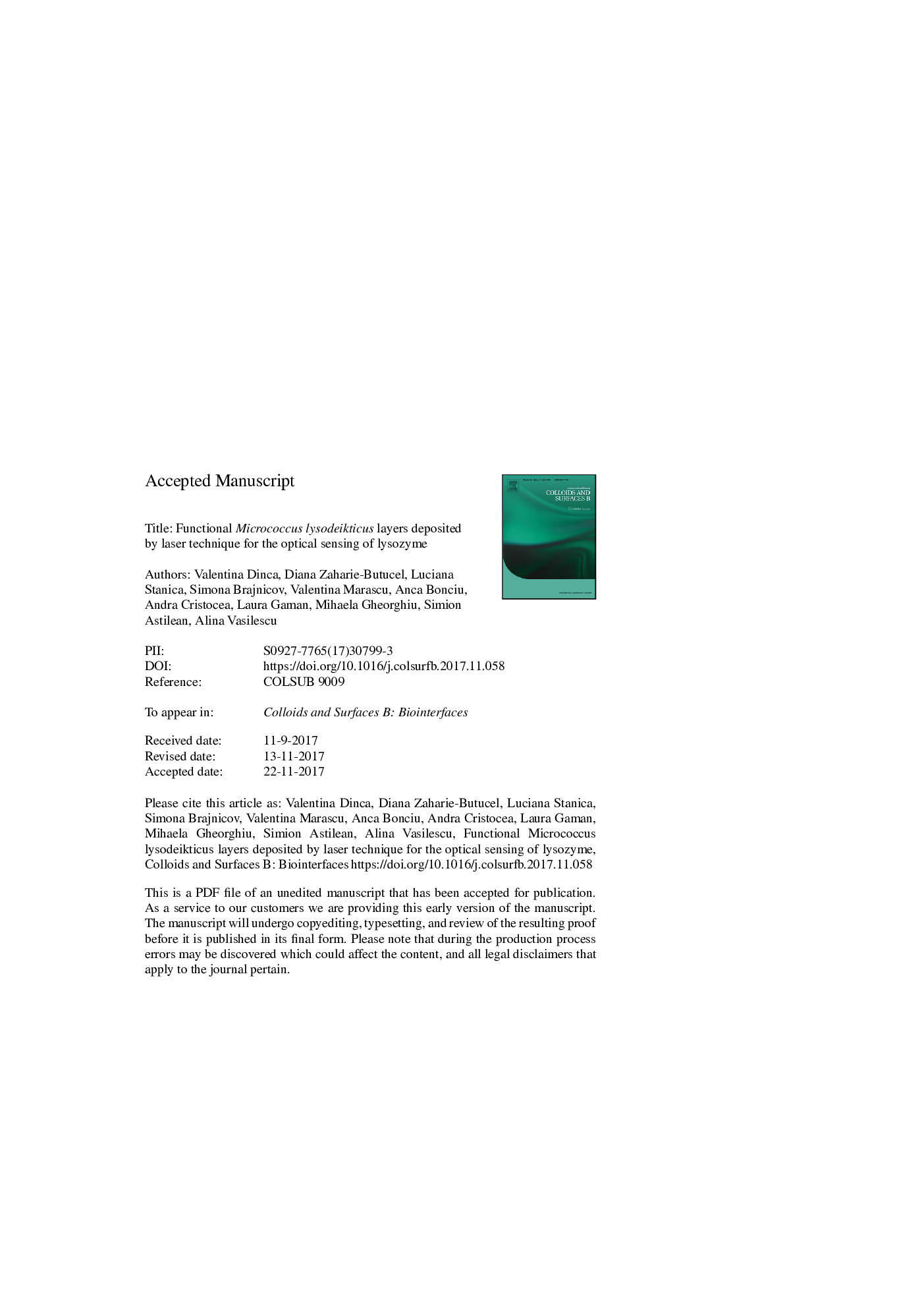 Functional Micrococcus lysodeikticus layers deposited by laser technique for the optical sensing of lysozyme