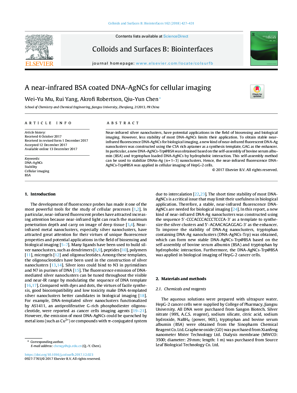 A near-infrared BSA coated DNA-AgNCs for cellular imaging