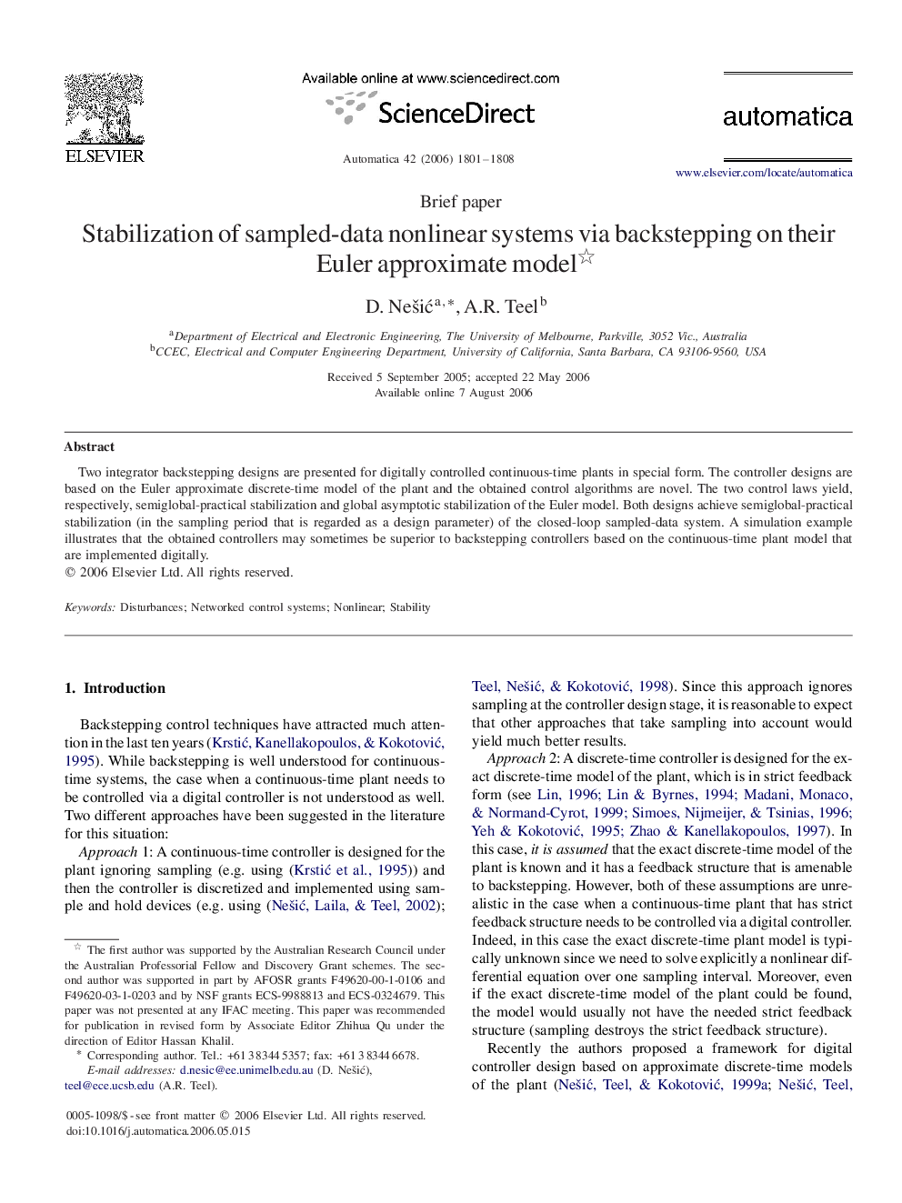 Stabilization of sampled-data nonlinear systems via backstepping on their Euler approximate model 