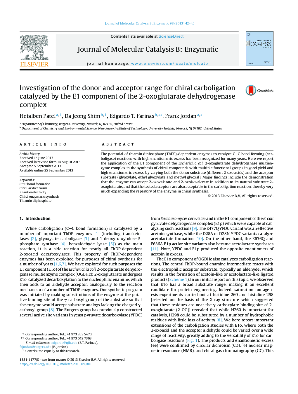 Investigation of the donor and acceptor range for chiral carboligation catalyzed by the E1 component of the 2-oxoglutarate dehydrogenase complex