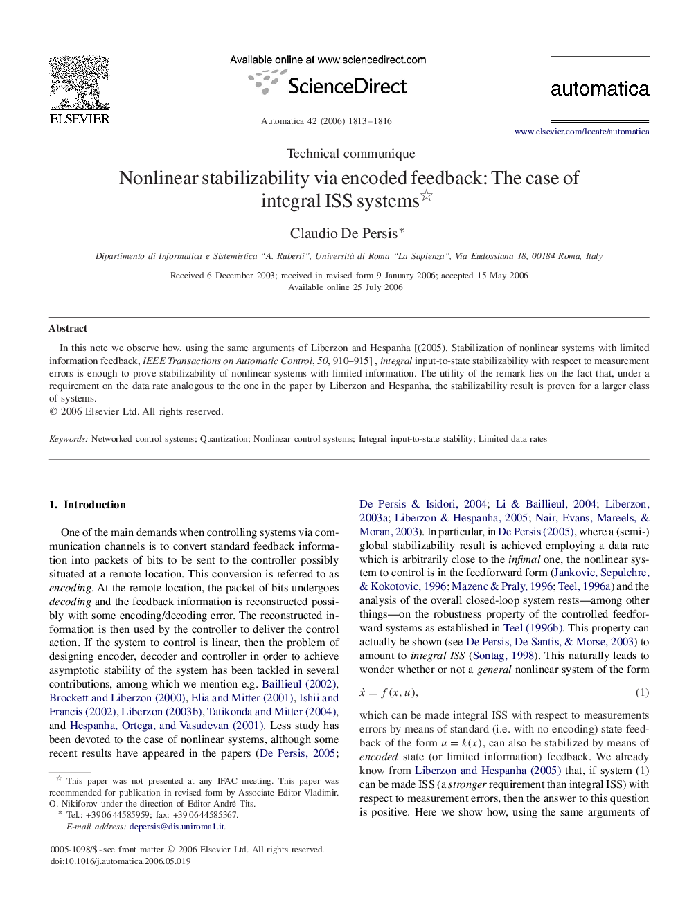 Nonlinear stabilizability via encoded feedback: The case of integral ISS systems