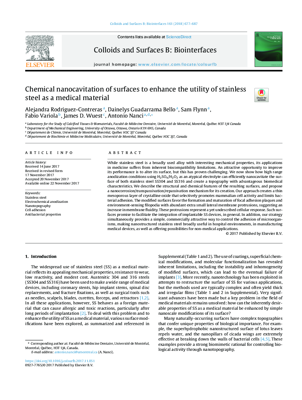 Chemical nanocavitation of surfaces to enhance the utility of stainless steel as a medical material