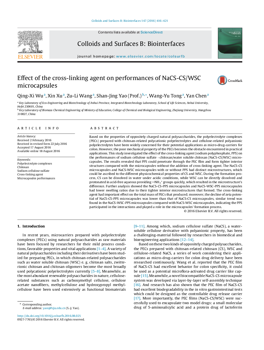 Effect of the cross-linking agent on performances of NaCS-CS/WSC microcapsules