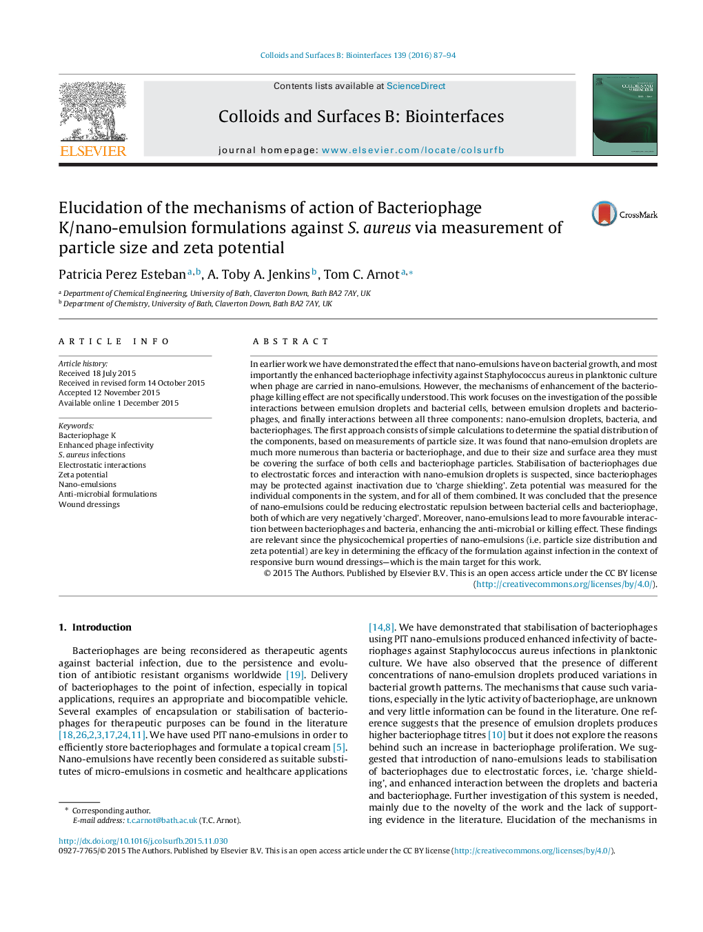 Elucidation of the mechanisms of action of Bacteriophage K/nano-emulsion formulations against S. aureus via measurement of particle size and zeta potential