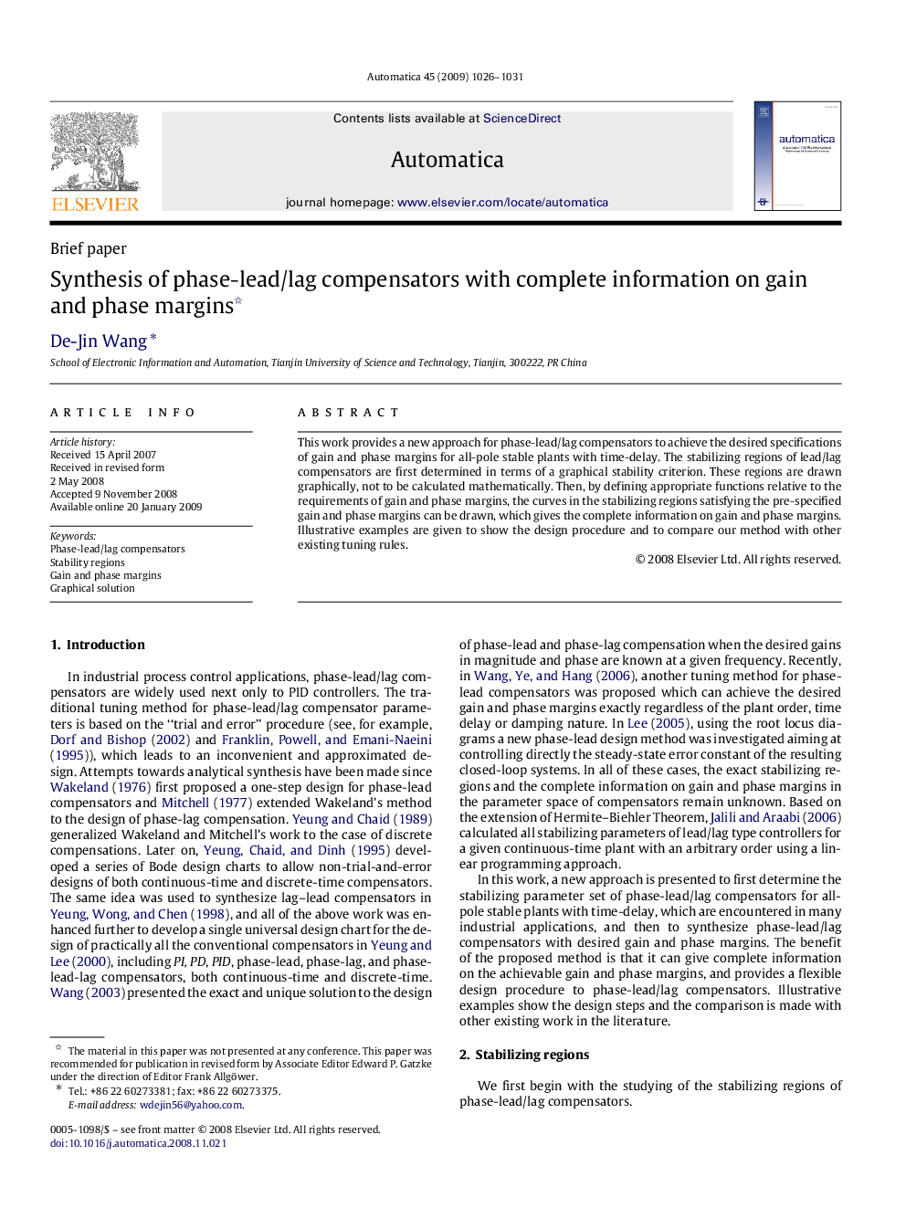 Synthesis of phase-lead/lag compensators with complete information on gain and phase margins 