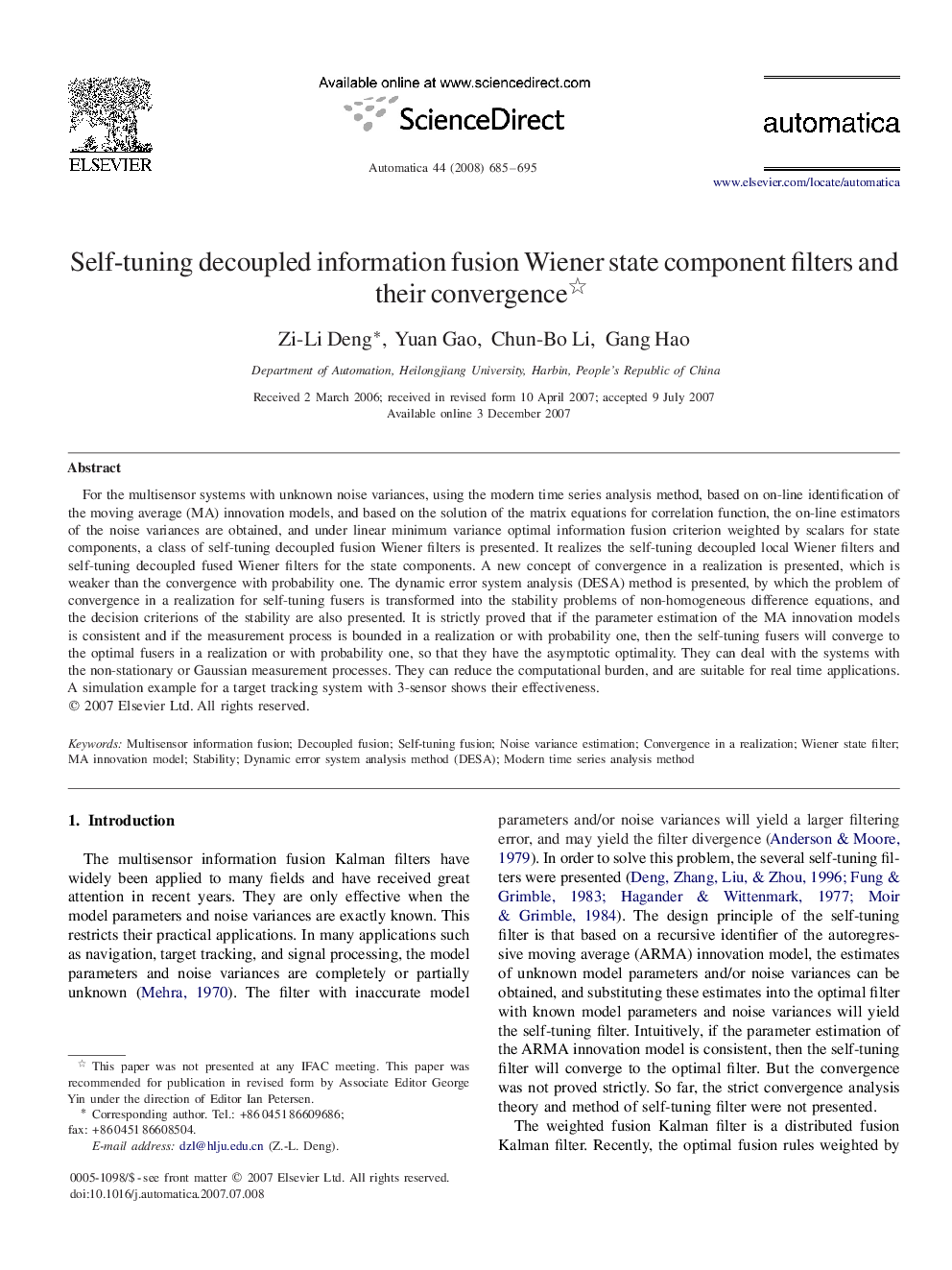 Self-tuning decoupled information fusion Wiener state component filters and their convergence 