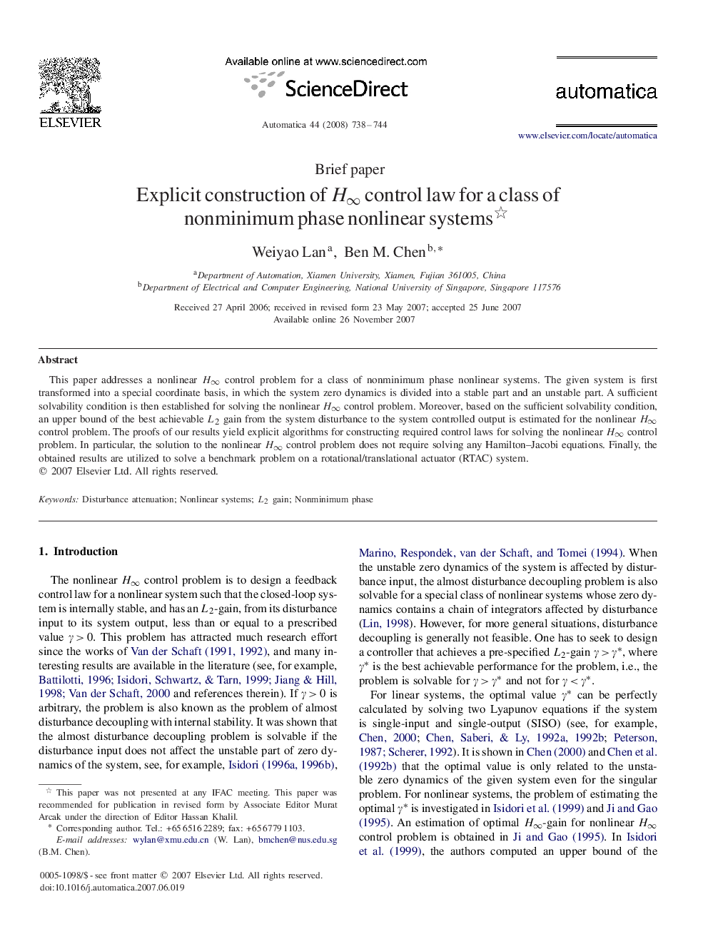 Explicit construction of H∞H∞ control law for a class of nonminimum phase nonlinear systems 