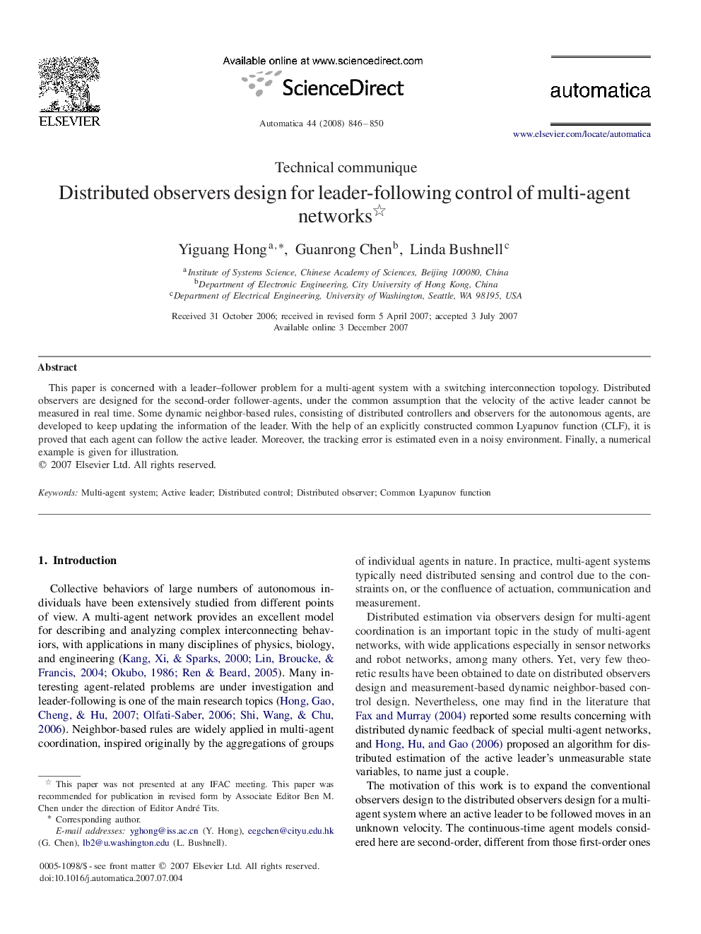 Distributed observers design for leader-following control of multi-agent networks 