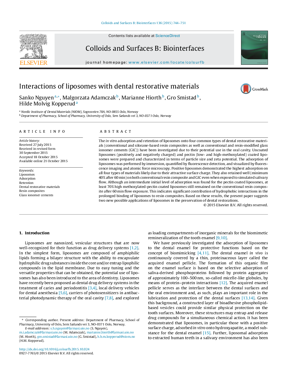 Interactions of liposomes with dental restorative materials