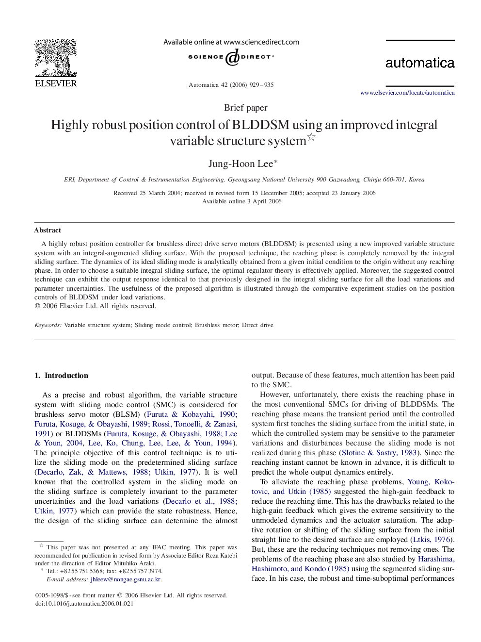 Highly robust position control of BLDDSM using an improved integral variable structure systems 