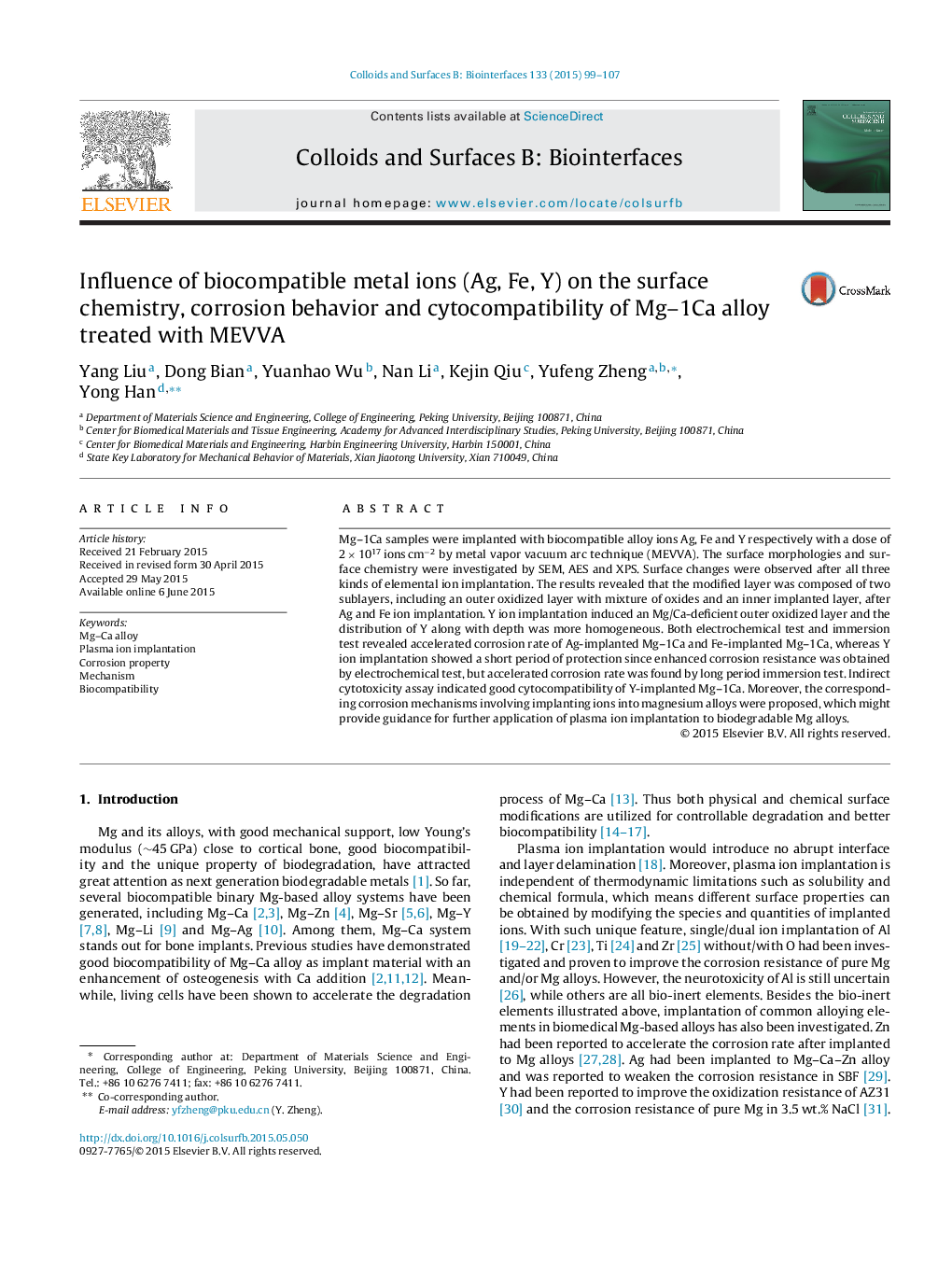 Influence of biocompatible metal ions (Ag, Fe, Y) on the surface chemistry, corrosion behavior and cytocompatibility of Mg-1Ca alloy treated with MEVVA