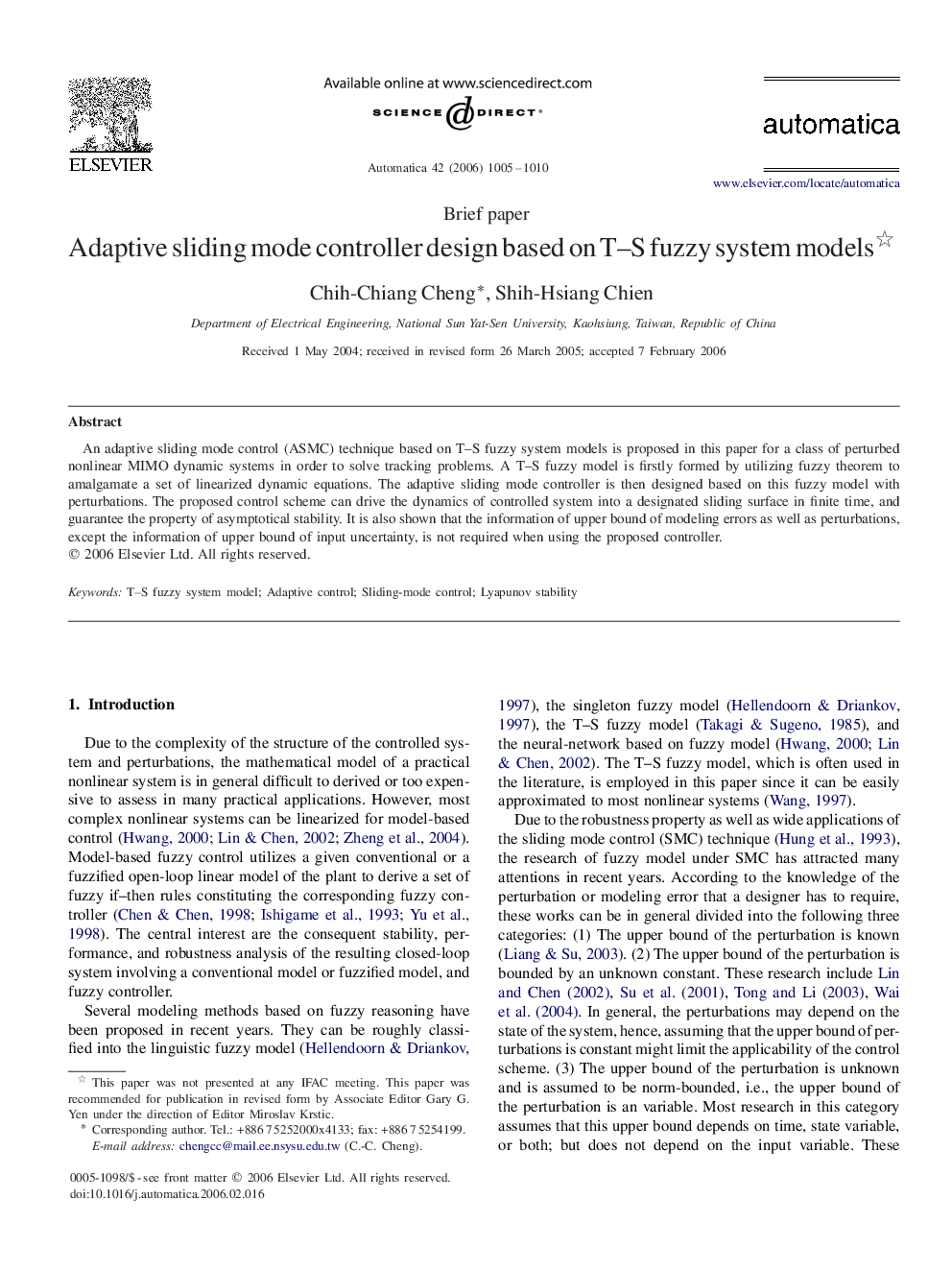 Adaptive sliding mode controller design based on T–S fuzzy system models 