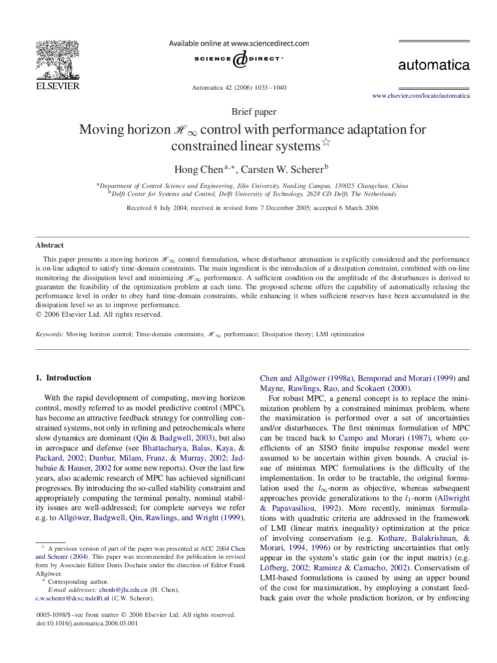 Moving horizon H∞H∞ control with performance adaptation for constrained linear systems 