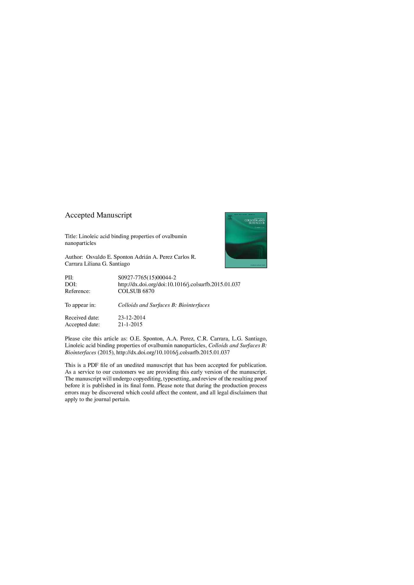 Linoleic acid binding properties of ovalbumin nanoparticles