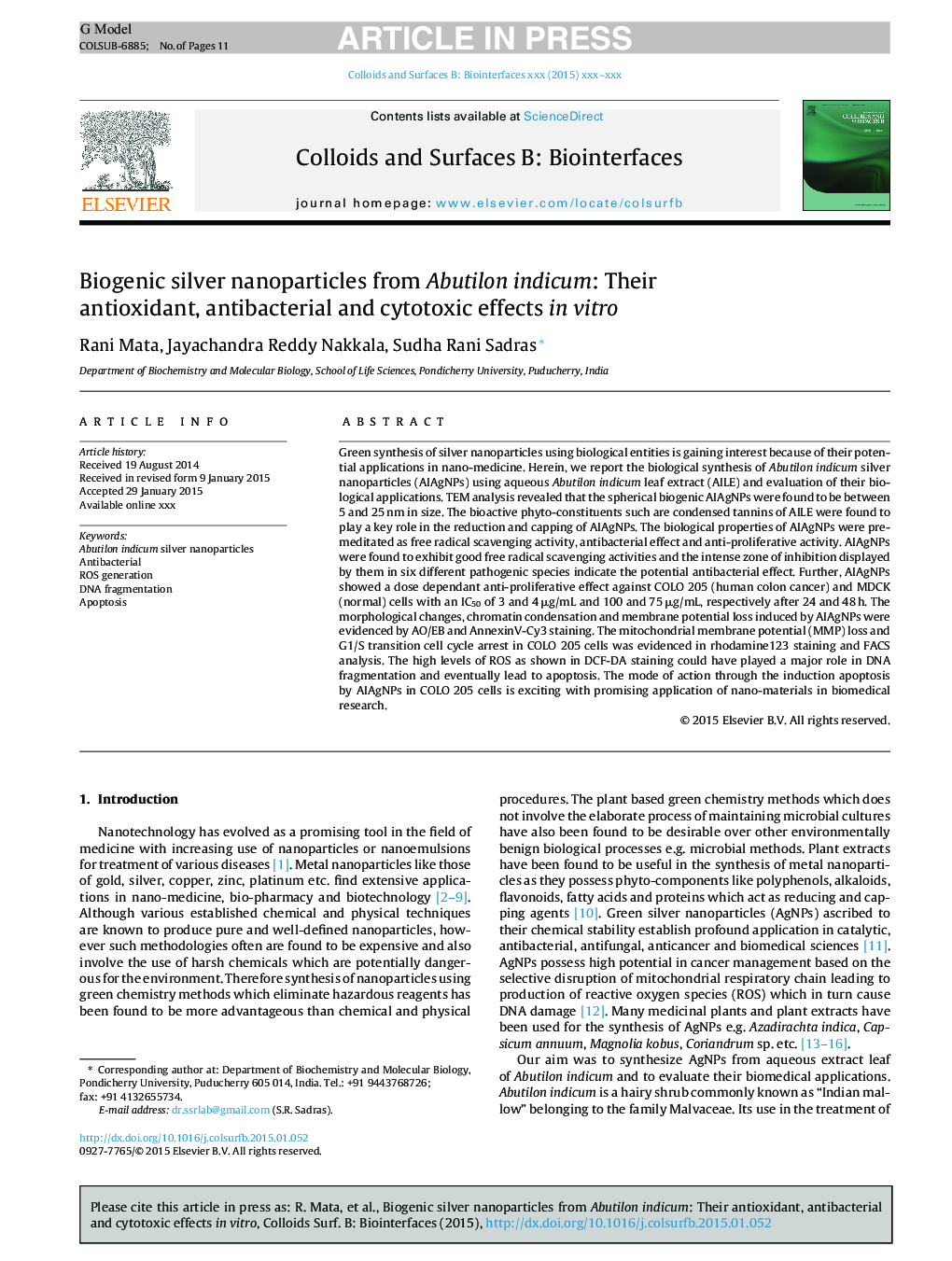 Biogenic silver nanoparticles from Abutilon indicum: Their antioxidant, antibacterial and cytotoxic effects in vitro