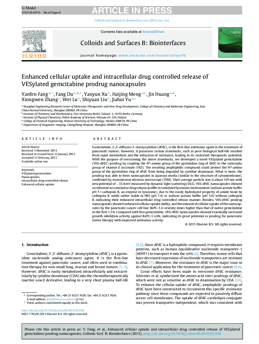 Enhanced cellular uptake and intracellular drug controlled release of VESylated gemcitabine prodrug nanocapsules